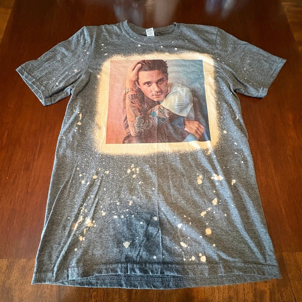 John Mayer Bleach Splatter Graphic Tee Gray Softstyle Shirt Size S